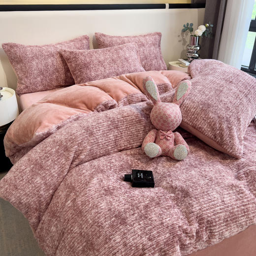 【一套约8.6斤重】秋冬御寒保暖加厚保暖针织兔毛条纹四件套 柔软亲肤不起静电套件 商品图2