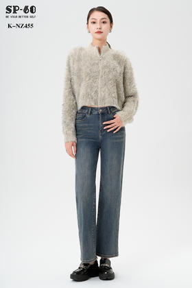 SP-68一粒扣加薄绒蓝色复古直筒牛仔裤K-NZ455