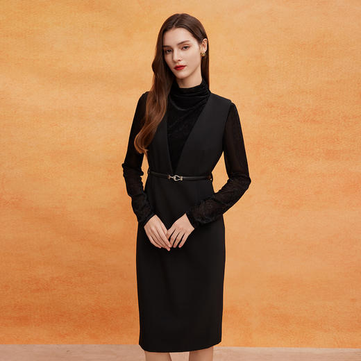 QE816斯尔丽25春季力丝绒压花内搭配马甲长裙优雅时尚通勤假两件连衣裙 商品图6