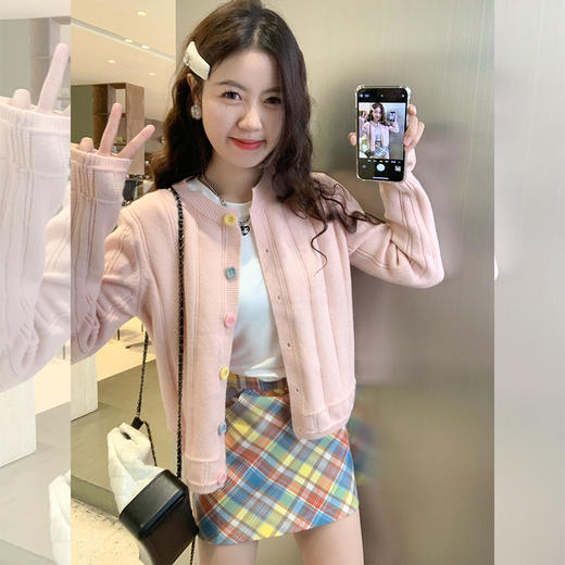 <曾小咸推荐>多巴胺look针织开衫格子半裙 商品图0