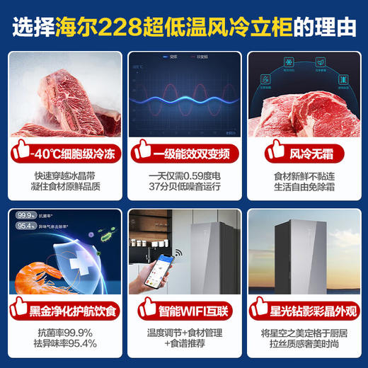 海尔（Haier）【零下40度】立式冰柜风冷无霜超低温抑菌冷藏冷冻切换一级能效抽屉式单门冰箱 【秘境银228升】 228WGHS1U1-智能物联 丨黑金抗菌净化 商品图2