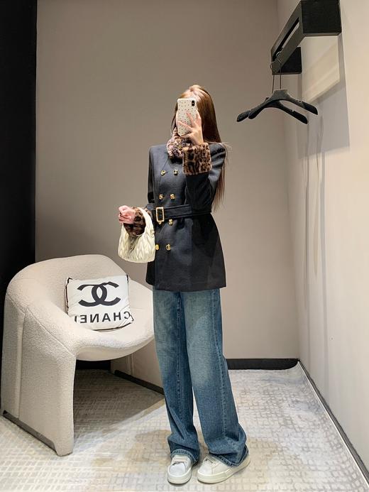 YL24Fw秋冬新款豹纹拼接围脖设计感双排扣呢大衣腰带外套（UY*DQJB） 商品图3