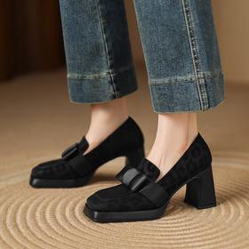 【预售5天】真皮复古高跟单鞋，英伦风小皮鞋厚底粗跟蝴蝶结牛皮高跟鞋单鞋DPJ&2028