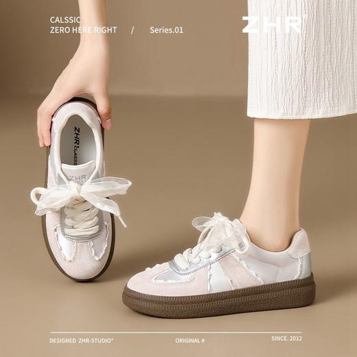 ZHR复古花边德训鞋女2025春季新款厚底增高休闲鞋蕾丝双鞋带板鞋 商品图8