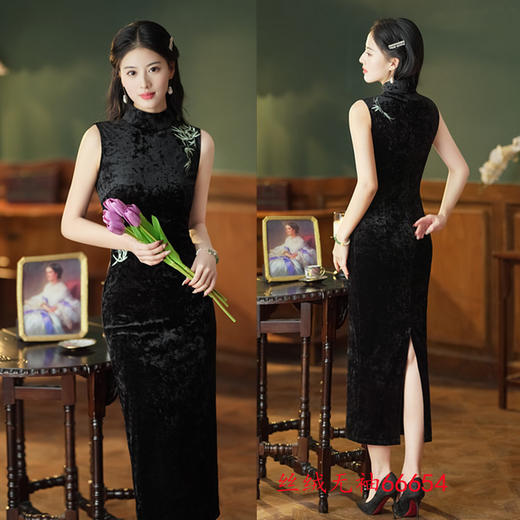 新中式时尚改良，长款无袖丝绒绣花旗袍GX66654 商品图0