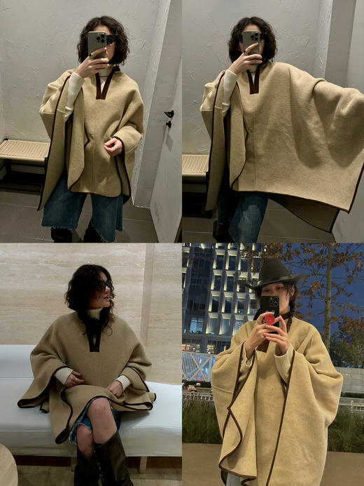 HIDEMI 进口羊麂皮拼接极简廓形设计感澳洲美利奴羊毛撞色斗篷披肩大衣 商品图4