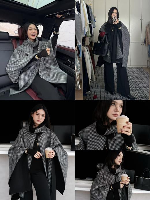 HIDEMI 节日系列进口双面双色色织格纹羊毛毛呢可拆卸分体脖套皮边设计感两面穿斗篷大衣 商品图2