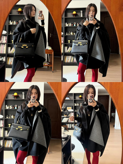 HIDEMI 节日系列进口双面双色色织格纹羊毛毛呢可拆卸分体脖套皮边设计感两面穿斗篷大衣 商品图3