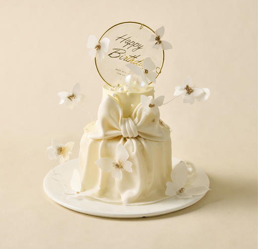 纯白珠光蝴蝶结小双层蛋糕 商品图0
