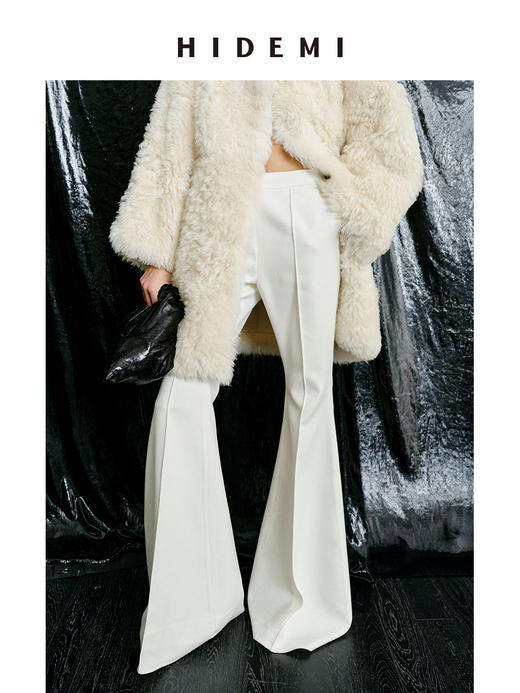 HIDEMI 白色绵羊毛混纺极简设计感显瘦喇叭长裤气质设计感拖地神裤 商品图0