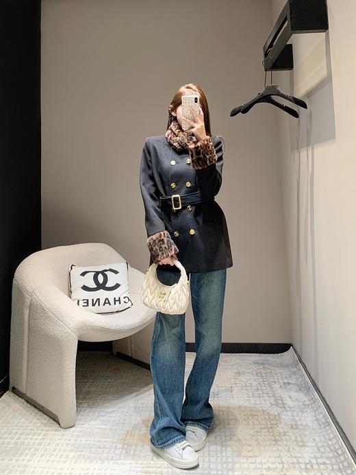 YL24Fw秋冬新款豹纹拼接围脖设计感双排扣呢大衣腰带外套（UY*DQJB） 商品图5