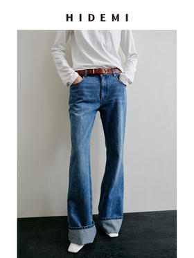 HIDEMI 都市单宁系列多重水洗猫须做旧牛仔蓝喇叭牛仔裤纯棉微喇女
