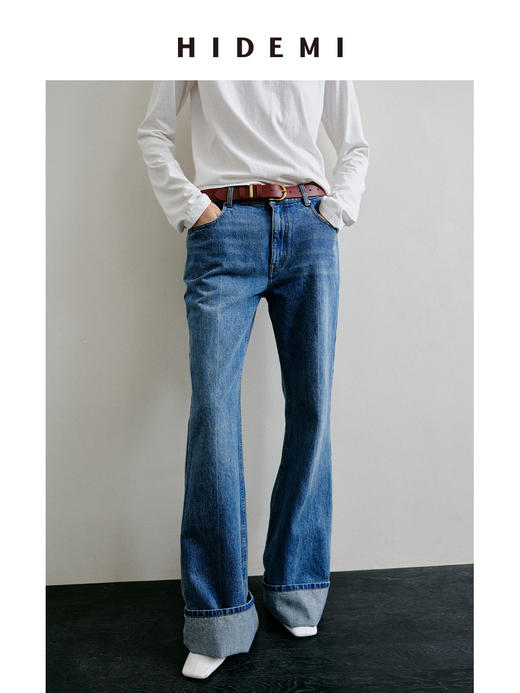 HIDEMI 都市单宁系列多重水洗猫须做旧牛仔蓝喇叭牛仔裤纯棉微喇女 商品图0