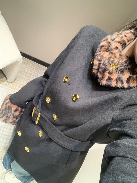 YL24Fw秋冬新款豹纹拼接围脖设计感双排扣呢大衣腰带外套（UY*DQJB） 商品图4