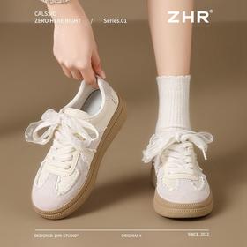 ZHR复古花边德训鞋女2025春季新款厚底增高休闲鞋蕾丝双鞋带板鞋