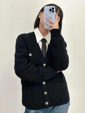 赛家 绞花皮袖山羊绒开衫