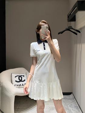 缪家 25Ss早春新款白色拼色翻领百褶Polo连衣裙（UY*DQJB)（UY*ML）