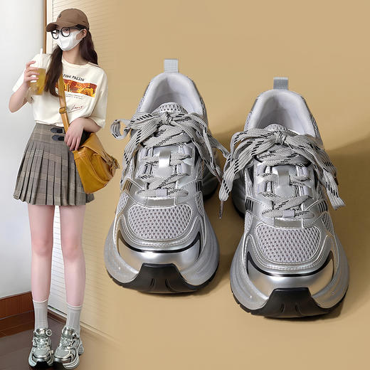 ZHR银色老爹鞋女2025春季新款时尚百搭厚底增高网面休闲运动鞋女 商品图0