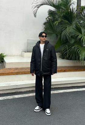 P家 双面穿中长款尼龙连帽羽绒服
