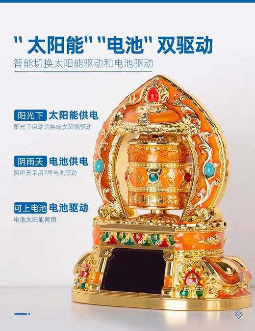 德田车载B版太阳能转经轮锌合金汽车摆件转经筒车内饰品殊胜 慈悲蓝 光明黄 智慧橙 三色 商品图2