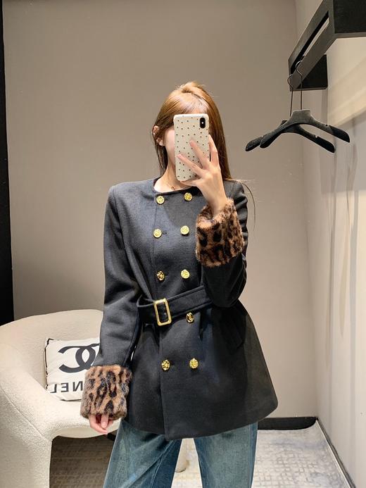 YL24Fw秋冬新款豹纹拼接围脖设计感双排扣呢大衣腰带外套（UY*DQJB） 商品图6