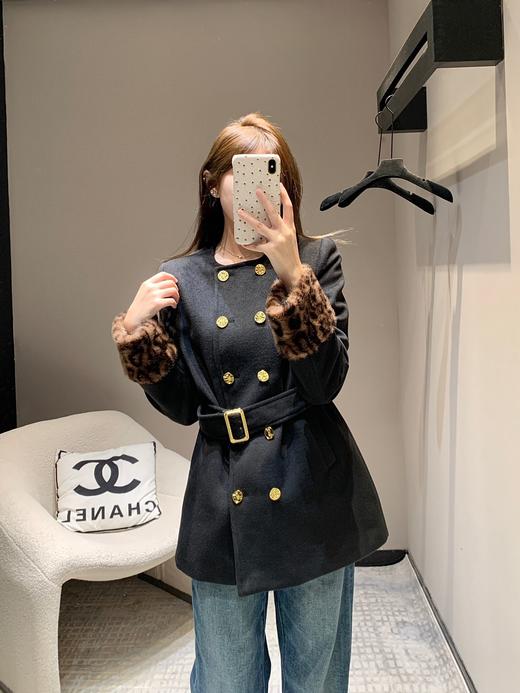 YL24Fw秋冬新款豹纹拼接围脖设计感双排扣呢大衣腰带外套（UY*DQJB） 商品图8