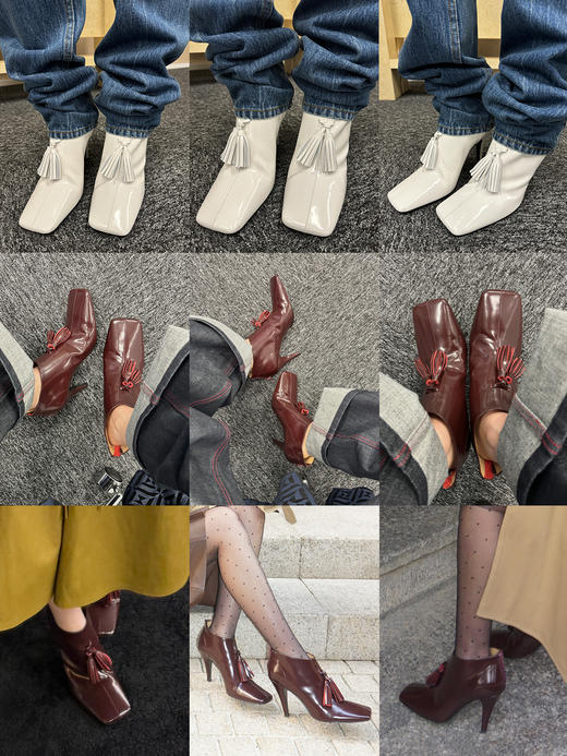 HIDEMI 节日系列进口头层牛皮流苏设计感方头极简设计感踝靴高跟鞋 白色/勃艮第红 商品图1