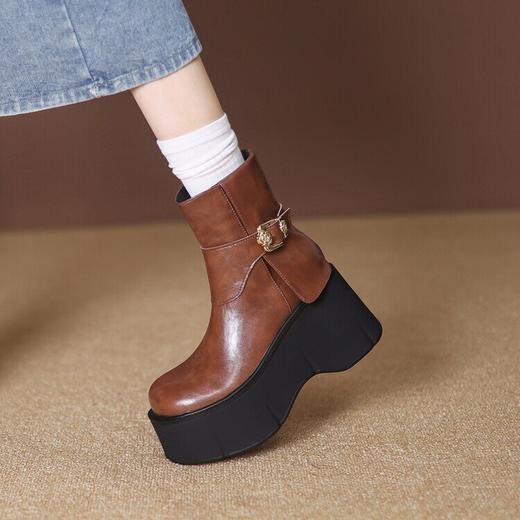 【预售5天】复古厚底马丁靴女真皮圆头松糕短靴秋冬季英伦时装单靴ZMXY&ZM2449 商品图1