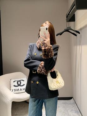 YL24Fw秋冬新款豹纹拼接围脖设计感双排扣呢大衣腰带外套（UY*DQJB）