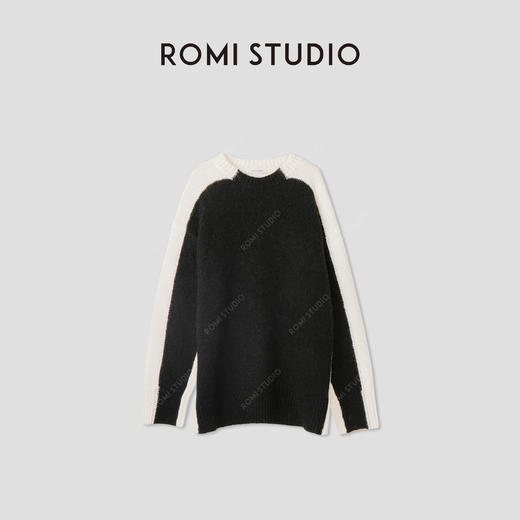 ROMI STUDIO 软糯羊驼毛黑白撞色圆领针织毛衣针织衫R29M117 商品图0