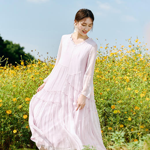 【林栖设计小店】桑蚕丝真丝混纺连衣裙拼不规则花边2025春季新品花仙子长裙女1951086 商品图0