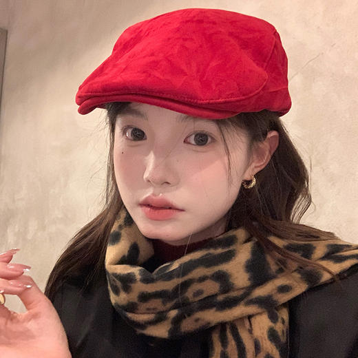 雀说 【我的头不圆】麂皮绒安可拉红前进帽子女秋冬款显脸小鸭舌贝雷帽5ZF-10505 商品图3