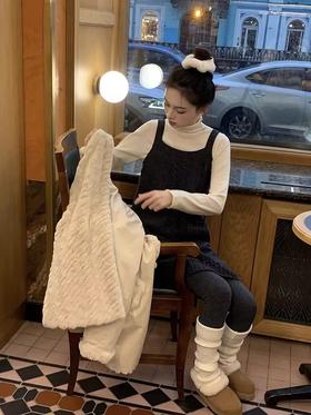 浮生八记/24D179/复古北欧羊毛麻花针织长短版背带连衣裙