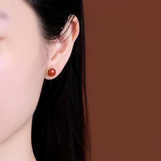 【相思·天然南红银镀金耳钉】S925纯银镀金镶嵌南红玛瑙耳钉圆形简约蛋面简约时尚气质女士耳饰 商品图2