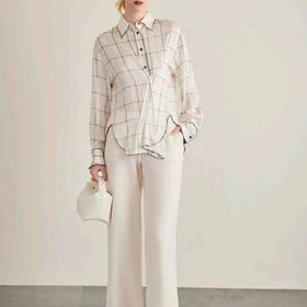 顺丰包邮42024洛诗琳设计感弹力真丝缎经典格纹真丝上衣女10026