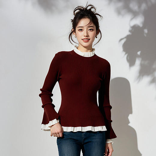 奢姿2025年春季新款大码女装拼接喇叭袖上衣胖妹妹港风复古针织衫9844627546 商品图4