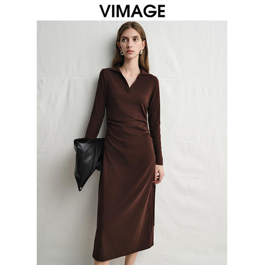 VIMAGE纬漫纪气质女神垂坠修身高腰显瘦深卡其连衣裙2025春季新款V2307920 商品图3