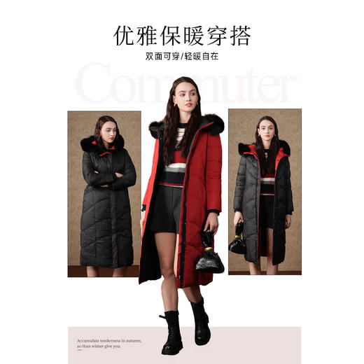 乔万尼双面穿羽绒服新款红色大毛领加厚宽松保暖过膝长款ES4T480 商品图3
