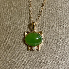 18K玫瑰金和田玉（碧玉）镶钻项链--猫咪/蛋面7*9mm/链长40+2cm/苹果绿