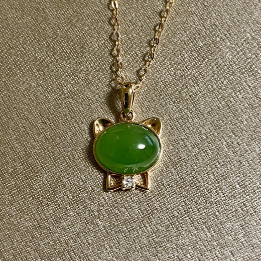 18K玫瑰金和田玉（碧玉）镶钻项链--猫咪/蛋面7*9mm/链长40+2cm/苹果绿 商品图0
