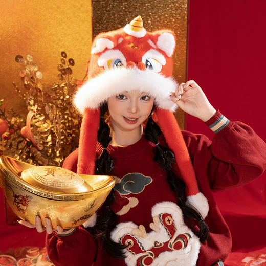 【鸿运当头❗️新年毛绒醒狮帽】春节就要戴新帽，马年秋冬女保暖帽子红色可爱虎头帽卡通龙头雷锋帽年货围巾 商品图5