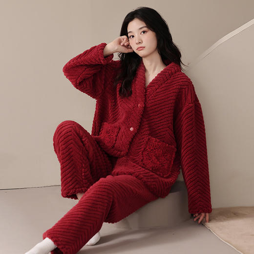 丁摩 珊瑚绒情侣睡衣秋冬款结婚新婚套装一男一女冬季本命年长袖家居服5ZF-9013 商品图6