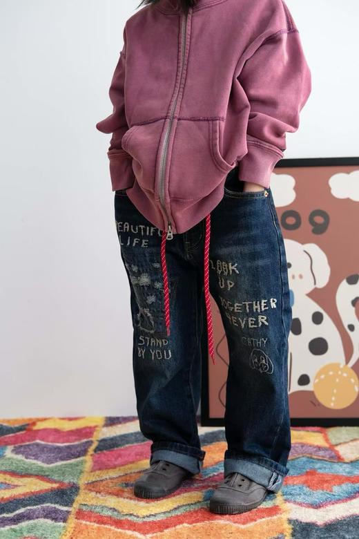 2025春夏DD日系儿童小狗美好生活字母刺绣深蓝色牛仔长裤！ 商品图0