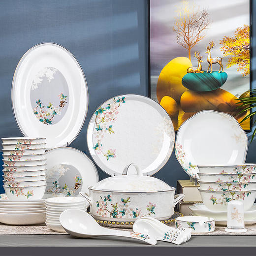 唐惠唐山骨瓷餐具套装釉上彩中式碗盘餐具乔迁皮盒包装 如花似月50头 商品图0