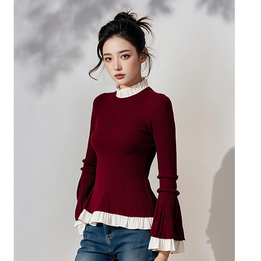 奢姿2025年春季新款大码女装拼接喇叭袖上衣胖妹妹港风复古针织衫9844627546 商品图3