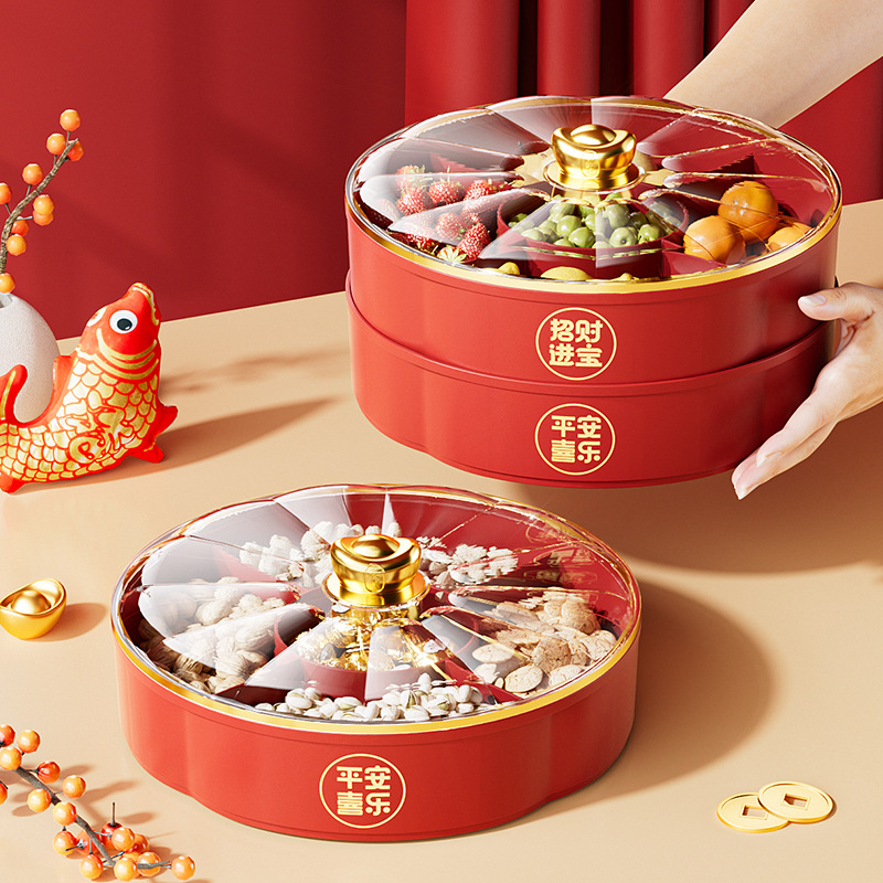 【新中式❗️福气满满旋转果盘】，平安喜乐，分层多格设计，新款家用透明带盖新年马年春节元宝干果盘糖果盒礼物