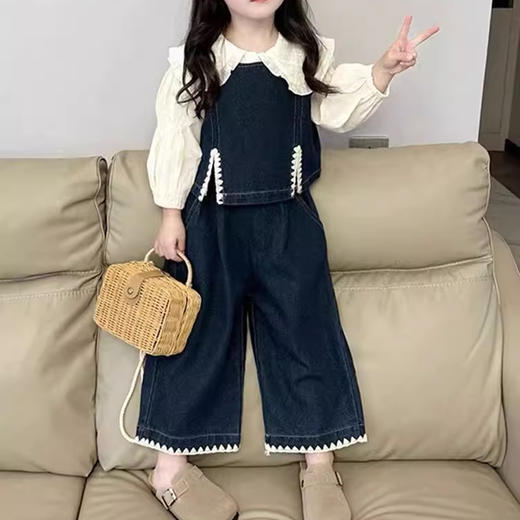 裁缝学苑TQ137秋季新款女童时髦翻领衬衫套装中小童洋气百搭牛仔马甲休闲裤 商品图3