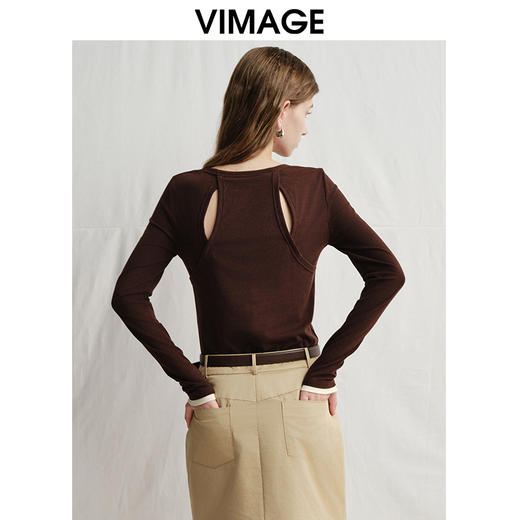VIMAGE纬漫纪舒适柔软修身纯色长袖设计感T恤上衣春季新款V2313905 商品图4