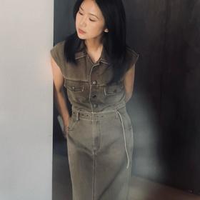 顺丰包邮41814洛诗琳轻奢水染咖复古翻领棉质无袖连体裙666