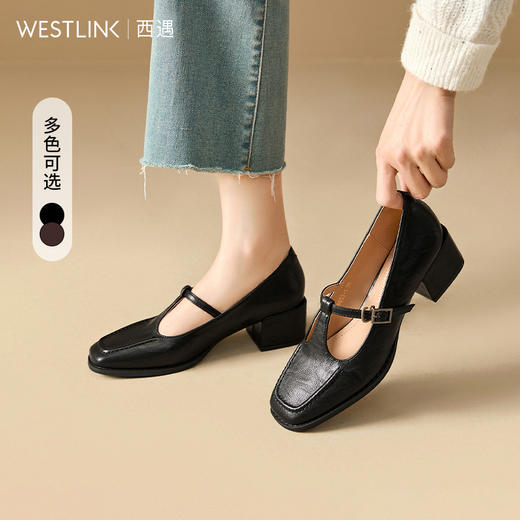西遇复古玛丽珍鞋女新款法式T字通勤粗跟单鞋黑色小皮鞋V0156266 商品图0